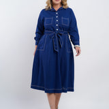 Vestido Midi Linho Misto Com Pesponto