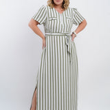 Vestido Longo Limen Listrado Com Zíper Frente